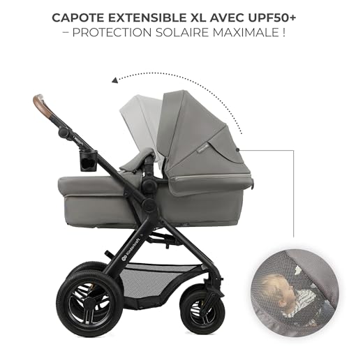 Kinderkraft MOOV2 AIR Poussette 3 en 1, Système de voyage de la naissance à 27 kg, Siège auto Mink PRO I-Size inclus, Capote extensible avec filtre UPF50+, Roues gonflables, Noir