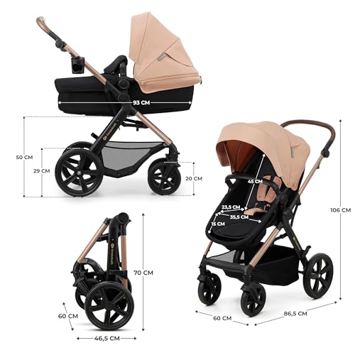 Kinderkraft MOOV2 AIR Poussette 3 en 1, Système de voyage de la naissance à 27 kg, Siège auto Mink PRO I-Size inclus, Capote extensible avec filtre UPF50+, Roues gonflables, Noir