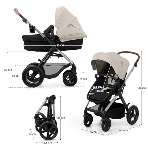 Kinderkraft MOOV2 AIR Poussette 3 en 1, Système de voyage de la naissance à 27 kg, Siège auto Mink PRO I-Size inclus, Capote extensible avec filtre UPF50+, Roues gonflables, Noir