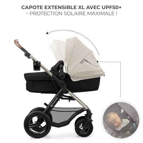 Kinderkraft MOOV2 AIR Poussette 3 en 1, Système de voyage de la naissance à 27 kg, Siège auto Mink PRO I-Size inclus, Capote extensible avec filtre UPF50+, Roues gonflables, Noir