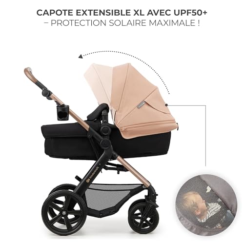 Kinderkraft MOOV2 AIR Poussette 3 en 1, Système de voyage de la naissance à 27 kg, Siège auto Mink PRO I-Size inclus, Capote extensible avec filtre UPF50+, Roues gonflables, Noir