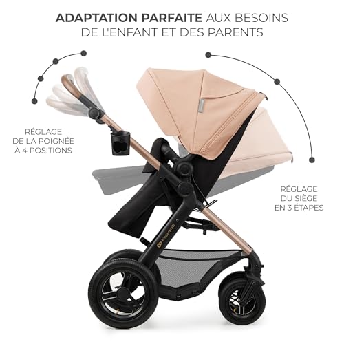 Kinderkraft MOOV2 AIR Poussette 3 en 1, Système de voyage de la naissance à 27 kg, Siège auto Mink PRO I-Size inclus, Capote extensible avec filtre UPF50+, Roues gonflables, Noir