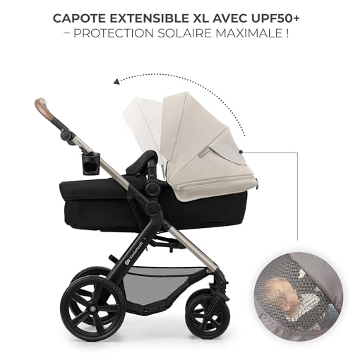 Kinderkraft MOOV2 AIR Poussette 3 en 1, Système de voyage de la naissance à 27 kg, Siège auto Mink PRO I-Size inclus, Capote extensible avec filtre UPF50+, Roues gonflables, Noir