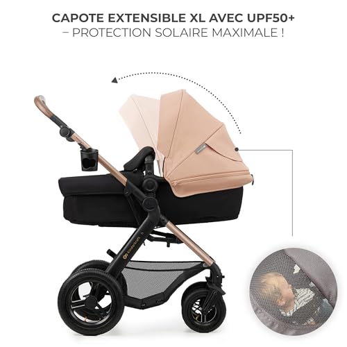 Kinderkraft MOOV2 AIR Poussette 3 en 1, Système de voyage de la naissance à 27 kg, Siège auto Mink PRO I-Size inclus, Capote extensible avec filtre UPF50+, Roues gonflables, Noir