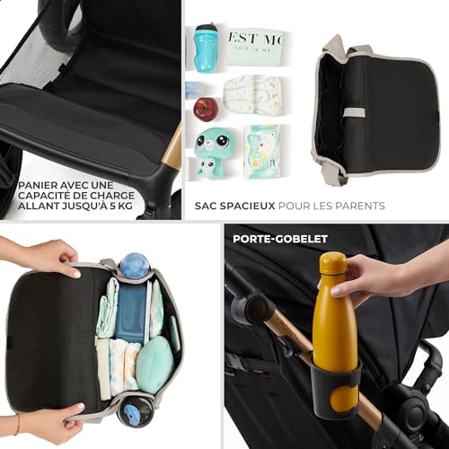 Kinderkraft MOOV2 AIR Poussette 3 en 1, Système de voyage de la naissance à 27 kg, Siège auto Mink PRO I-Size inclus, Capote extensible avec filtre UPF50+, Roues gonflables, Noir