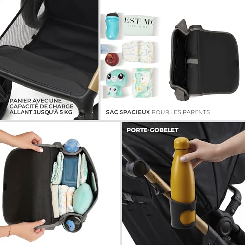 Kinderkraft MOOV2 AIR Poussette 3 en 1, Système de voyage de la naissance à 27 kg, Siège auto Mink PRO I-Size inclus, Capote extensible avec filtre UPF50+, Roues gonflables, Noir