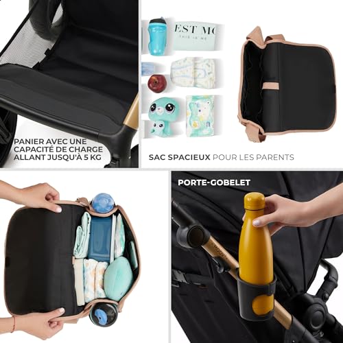 Kinderkraft MOOV2 AIR Poussette 3 en 1, Système de voyage de la naissance à 27 kg, Siège auto Mink PRO I-Size inclus, Capote extensible avec filtre UPF50+, Roues gonflables, Noir
