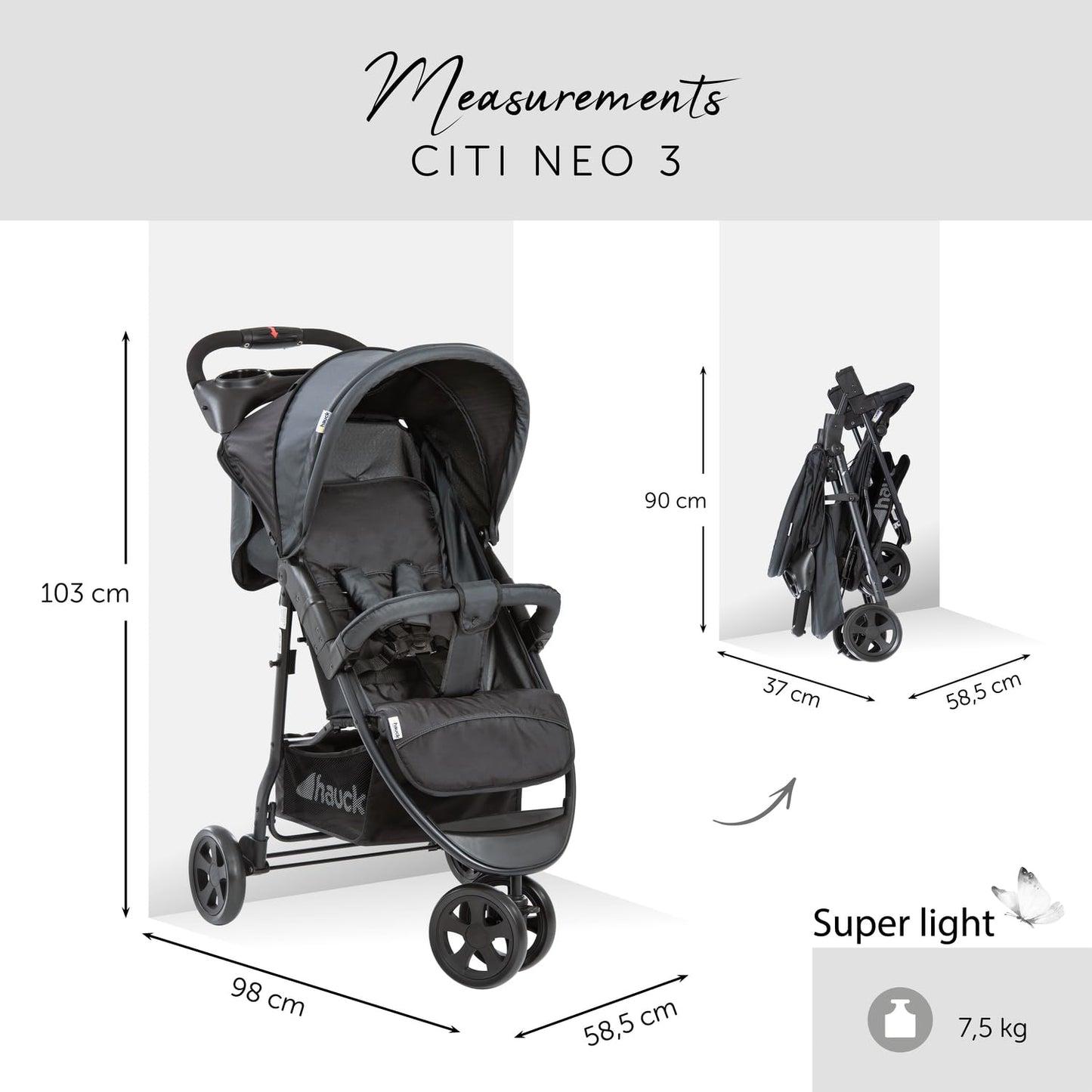 hauck Poussette Compacte 3 Roues Citi Neo II, dès Naissance jusqu'à 22 kg, Pliable à 1 Main, Inclinable, Légère 7,3 kg, Porte-Gobelet, Grand Panier 3 kg, Noir