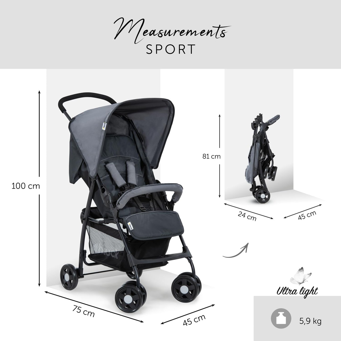 hauck Poussette Compacte Citadine Sport - Ultra Légère Seulement 5,9 kg, Pliable et Inclinable, Jusqu'à 15 kg, Capote Pare-Soleil, Grand Panier 3 kg, Gris