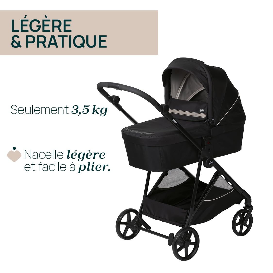 Chicco Trio Seety, Trio 3en1 avec Poussette, Nacelle et Siège Auto pour Bébé 40-80 cm, Comprenant la Poussette Seety avec Châssis Ultraléger, Système Modulaire Léger et Compact, 0 Mois - 4 Ans