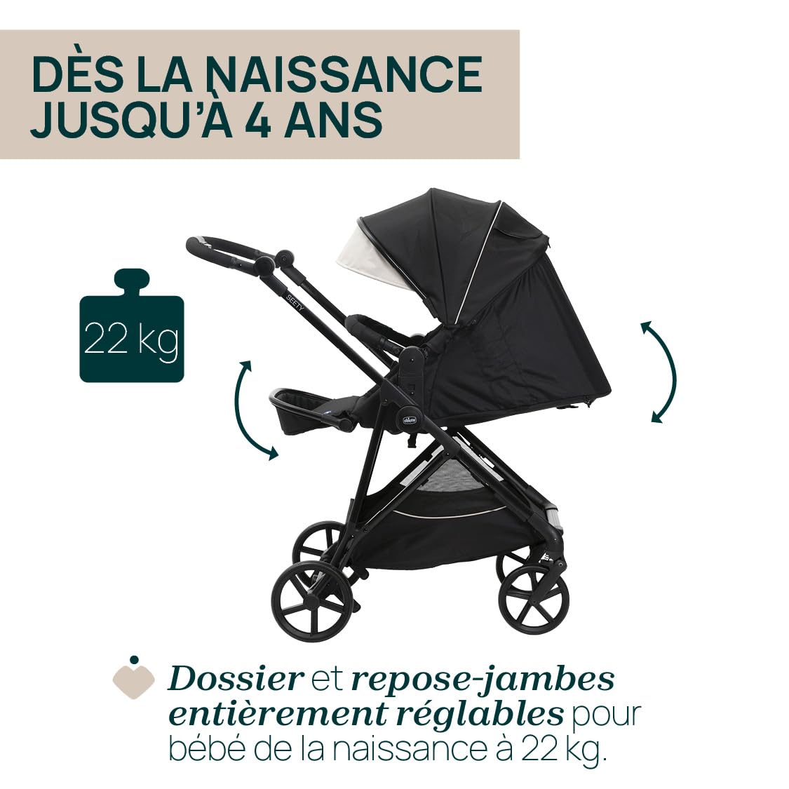 Chicco Trio Seety, Trio 3en1 avec Poussette, Nacelle et Siège Auto pour Bébé 40-80 cm, Comprenant la Poussette Seety avec Châssis Ultraléger, Système Modulaire Léger et Compact, 0 Mois - 4 Ans