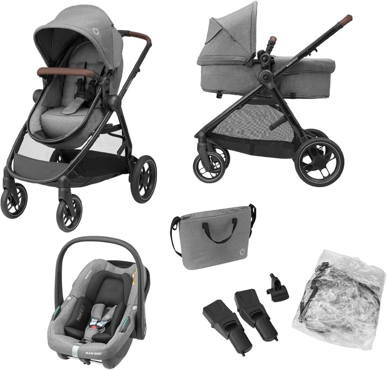 Maxi-Cosi Zelia S Trio Poussette 3 en 1, 0 à 4 Ans, Jusqu'à 22 kg, Poussette Bébé Pliable, Compacte et Inclinable, avec Siège Auto Bébé CabrioFix S i-Size, Accessoires, Sac à Langer, Gris