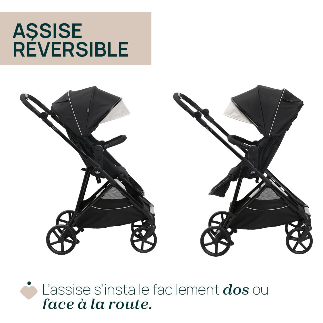 Chicco Trio Seety, Trio 3en1 avec Poussette, Nacelle et Siège Auto pour Bébé 40-80 cm, Comprenant la Poussette Seety avec Châssis Ultraléger, Système Modulaire Léger et Compact, 0 Mois - 4 Ans