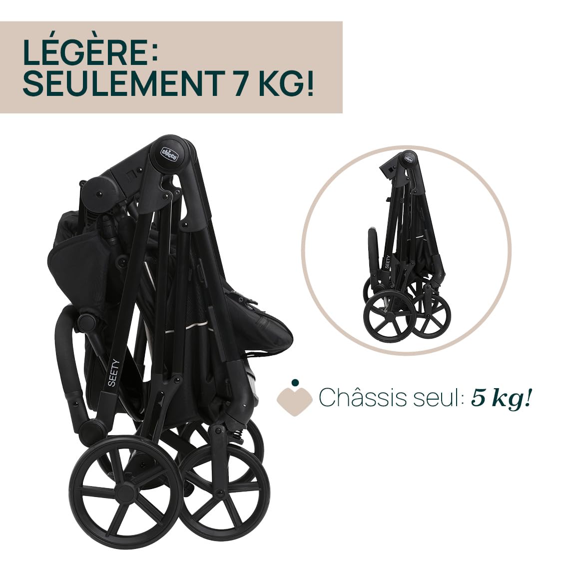 Chicco Trio Seety, Trio 3en1 avec Poussette, Nacelle et Siège Auto pour Bébé 40-80 cm, Comprenant la Poussette Seety avec Châssis Ultraléger, Système Modulaire Léger et Compact, 0 Mois - 4 Ans