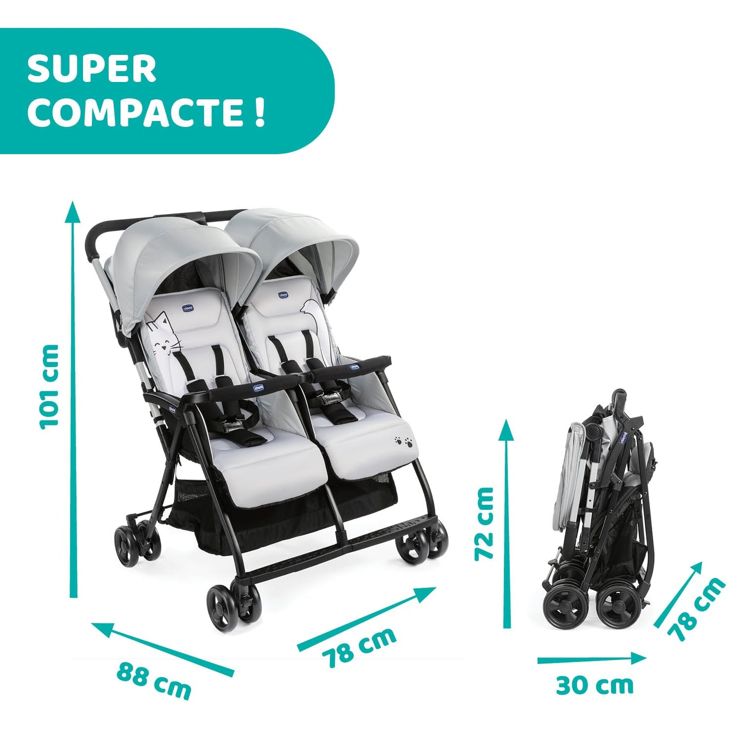 Chicco OHlalà Poussette Canne Double, Légère Inclinable et Pliable, Poussette pour Jumeaux de la Naissance à 15 kg, Fermeture Compacte, Inclus une Housse de Pluie, Capote Extensible - Rouge