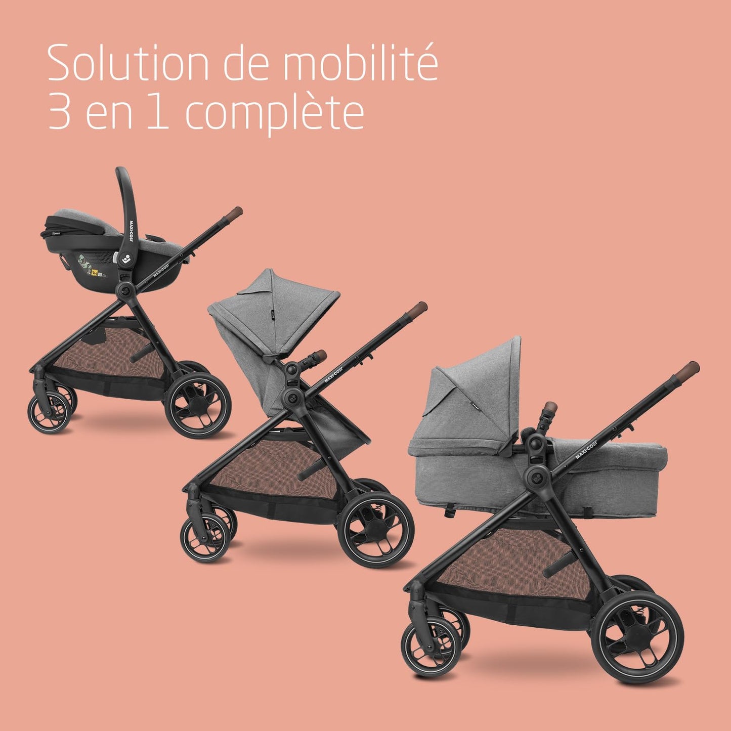 Maxi-Cosi Zelia S Trio Poussette 3 en 1, 0 à 4 Ans, Jusqu'à 22 kg, Poussette Bébé Pliable, Compacte et Inclinable, avec Siège Auto Bébé CabrioFix S i-Size, Accessoires, Sac à Langer, Gris