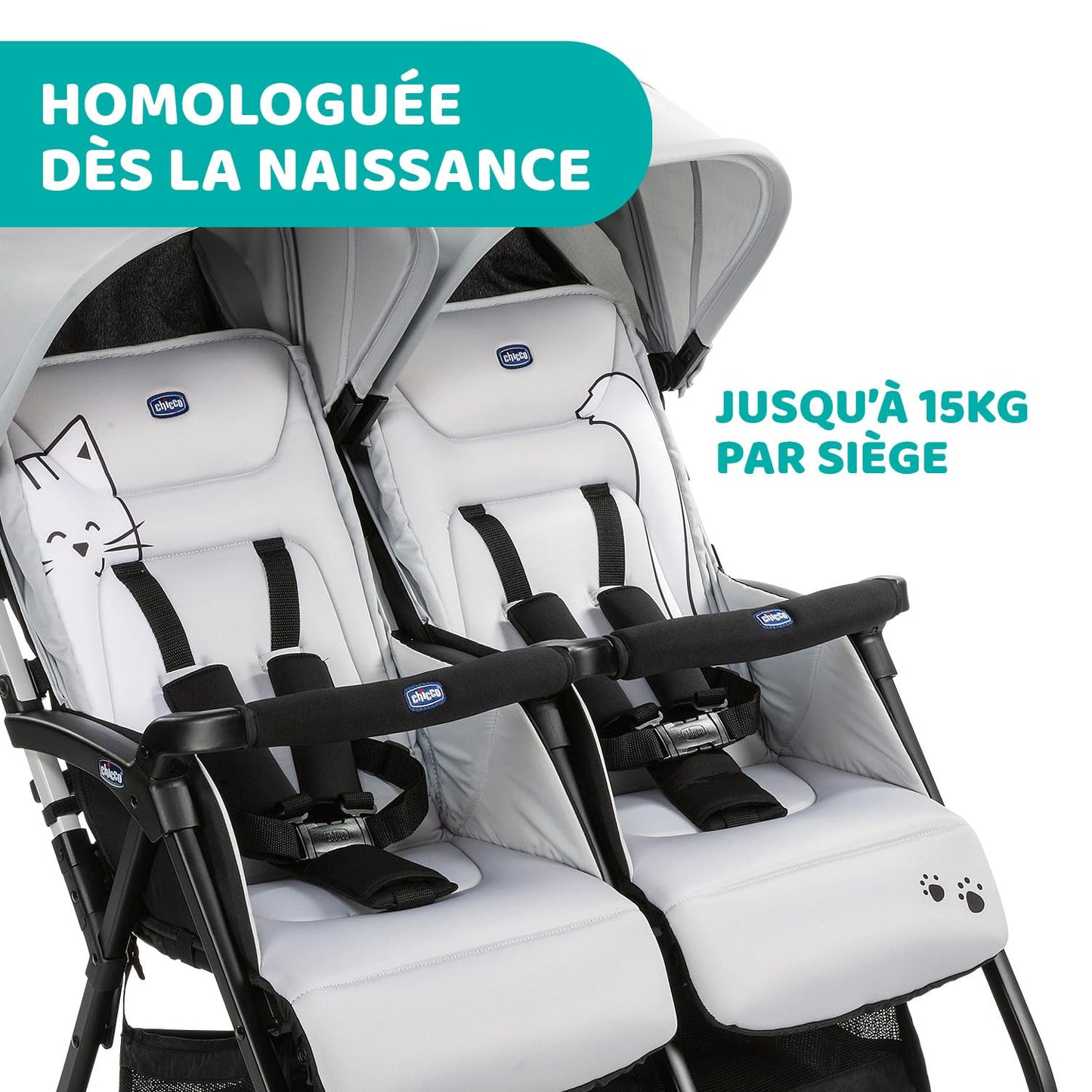 Chicco OHlalà Poussette Canne Double, Légère Inclinable et Pliable, Poussette pour Jumeaux de la Naissance à 15 kg, Fermeture Compacte, Inclus une Housse de Pluie, Capote Extensible - Rouge
