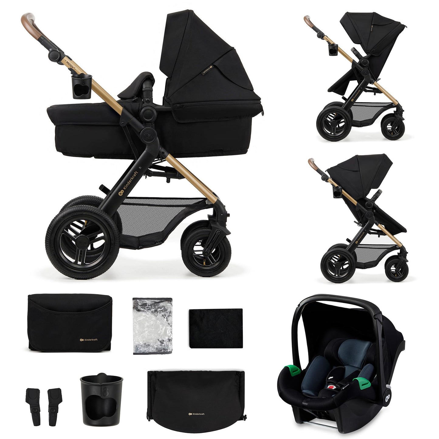 Kinderkraft MOOV2 AIR Poussette 3 en 1, Système de voyage de la naissance à 27 kg, Siège auto Mink PRO I-Size inclus, Capote extensible avec filtre UPF50+, Roues gonflables, Noir