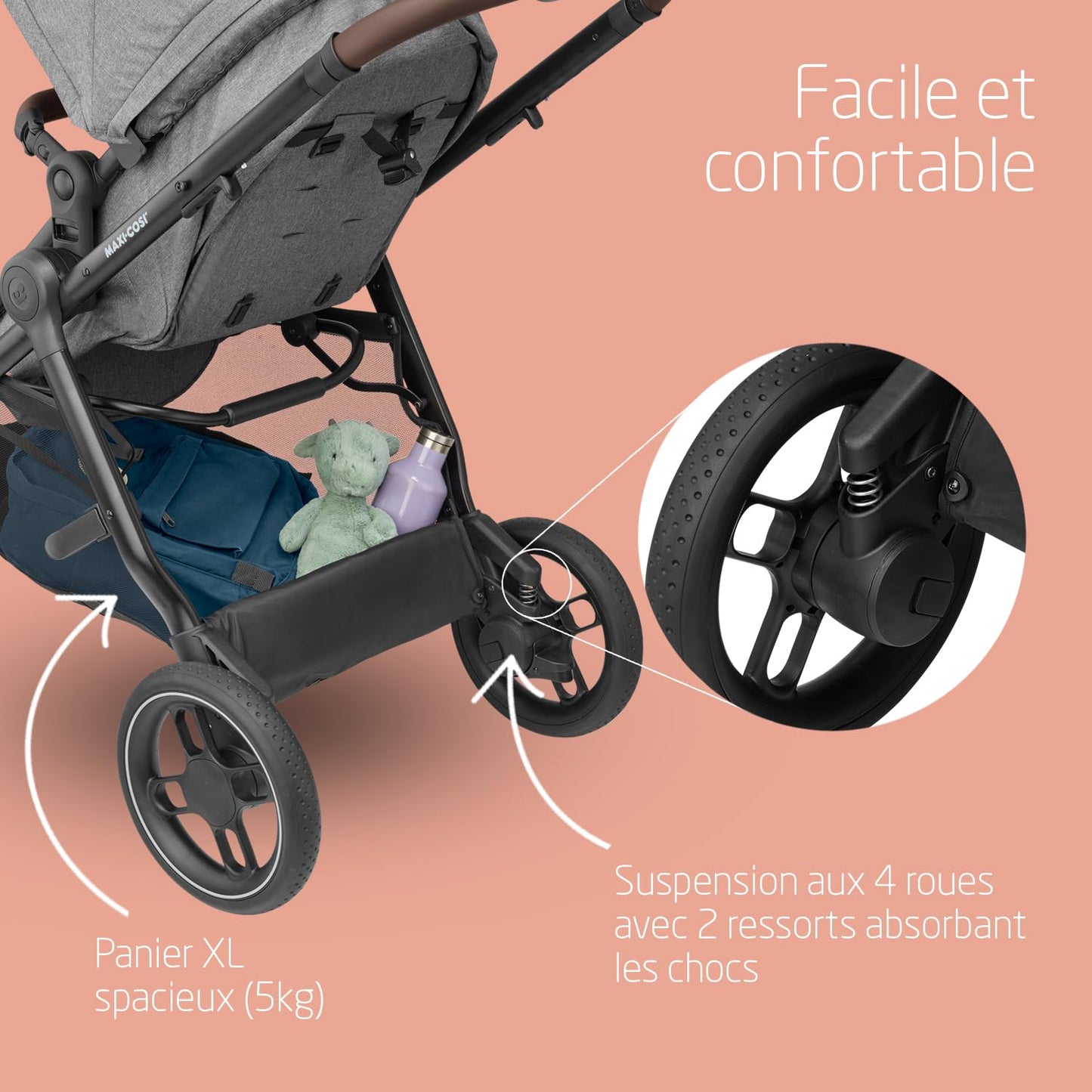 Maxi-Cosi Zelia S Trio Poussette 3 en 1, 0 à 4 Ans, Jusqu'à 22 kg, Poussette Bébé Pliable, Compacte et Inclinable, avec Siège Auto Bébé CabrioFix S i-Size, Accessoires, Sac à Langer, Gris