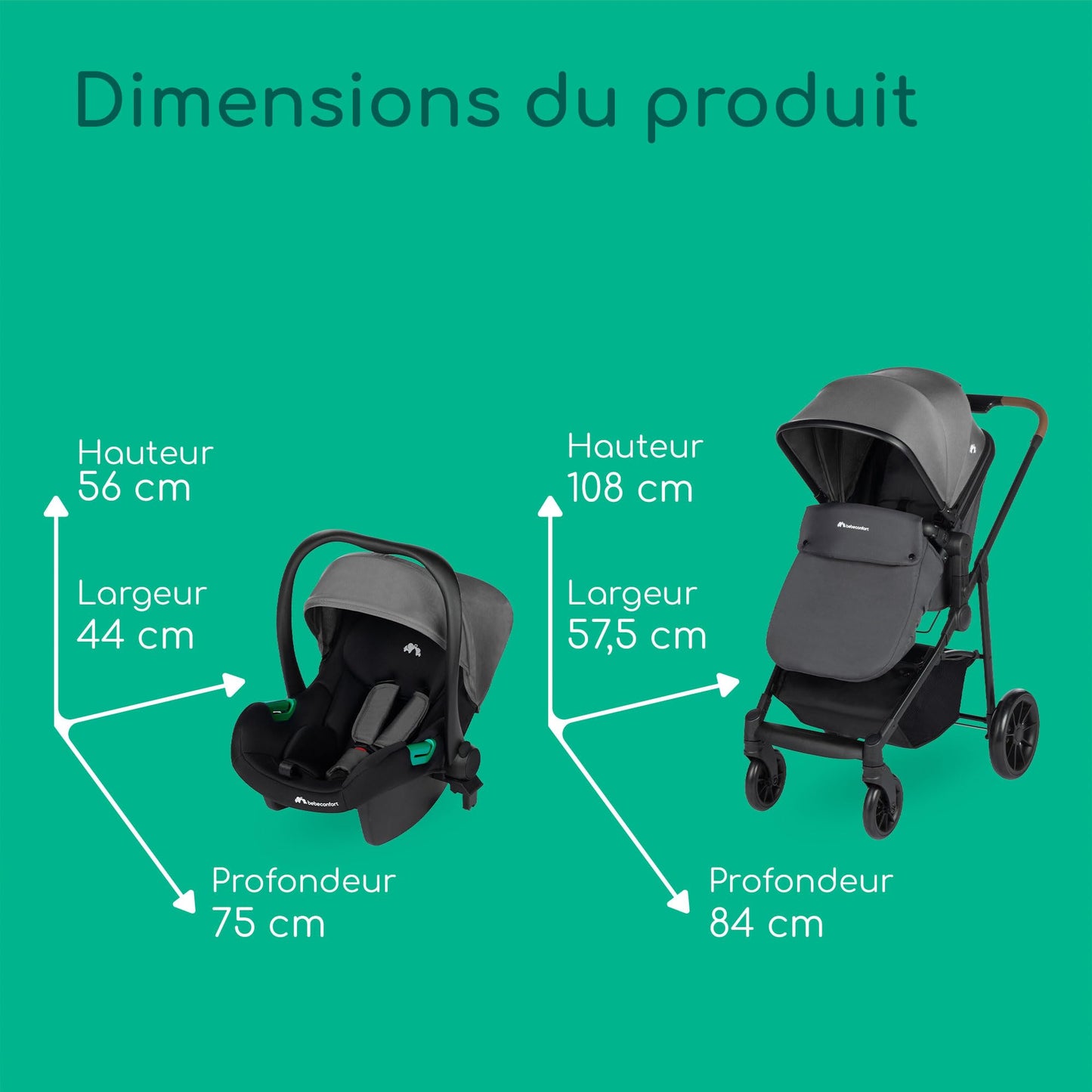 Bebeconfort Haze Trio, Poussette 3 en 1, 0-4 ans, 22 kg max, assise 2-en-1, poussette réversible et légère, siège auto bébé i-Size, pliage compact, panier spacieux, Tinted Stone