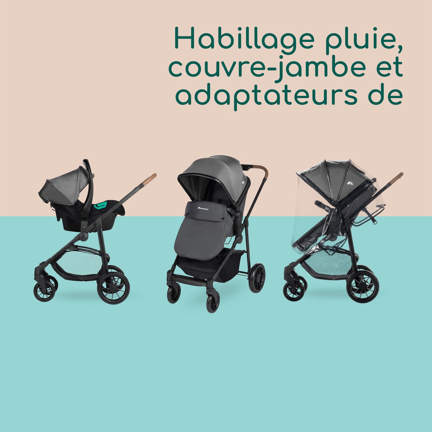 Bebeconfort Haze Trio, Poussette 3 en 1, 0-4 ans, 22 kg max, assise 2-en-1, poussette réversible et légère, siège auto bébé i-Size, pliage compact, panier spacieux, Tinted Stone