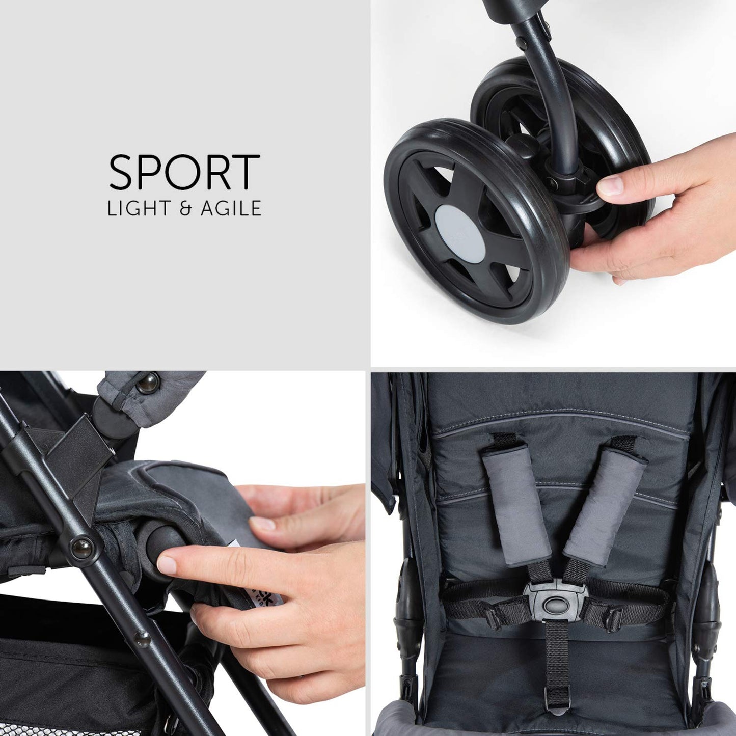 hauck Poussette Compacte Citadine Sport - Ultra Légère Seulement 5,9 kg, Pliable et Inclinable, Jusqu'à 15 kg, Capote Pare-Soleil, Grand Panier 3 kg, Gris