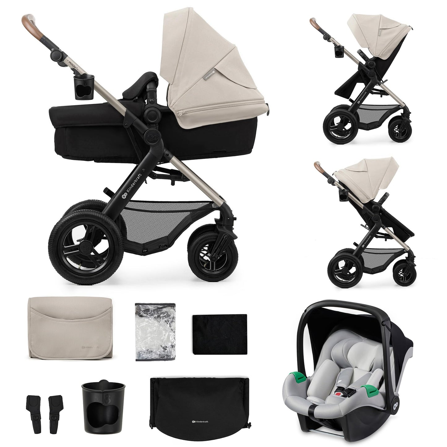 Kinderkraft MOOV2 AIR Poussette 3 en 1, Système de voyage de la naissance à 27 kg, Siège auto Mink PRO I-Size inclus, Capote extensible avec filtre UPF50+, Roues gonflables, Noir