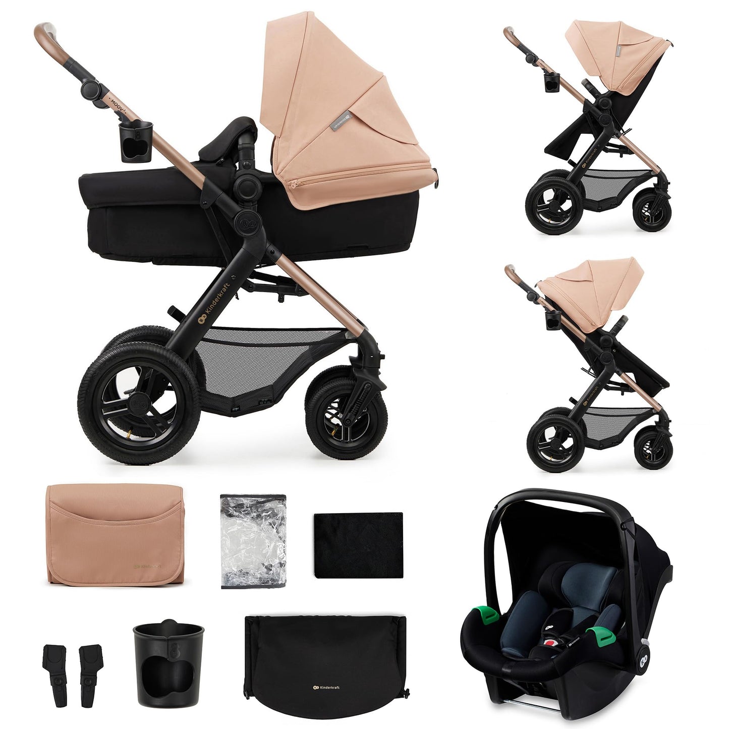 Kinderkraft MOOV2 AIR Poussette 3 en 1, Système de voyage de la naissance à 27 kg, Siège auto Mink PRO I-Size inclus, Capote extensible avec filtre UPF50+, Roues gonflables, Noir