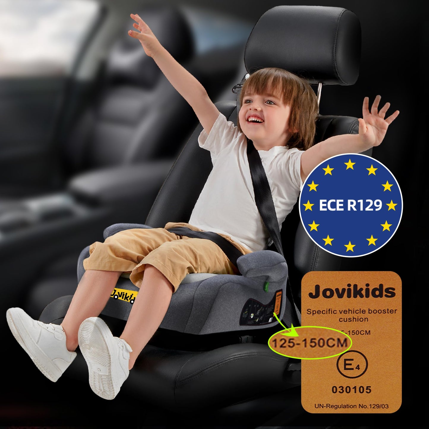 Jovikids Rehausseur Voiture Enfant, ISOFIX de 125 à 150 cm (Environ 6 à 12 ans 15-36 Kg), Siège Auto groupe 2 3, ECE R129, léger, Rehausseur Isofix (Noir)
