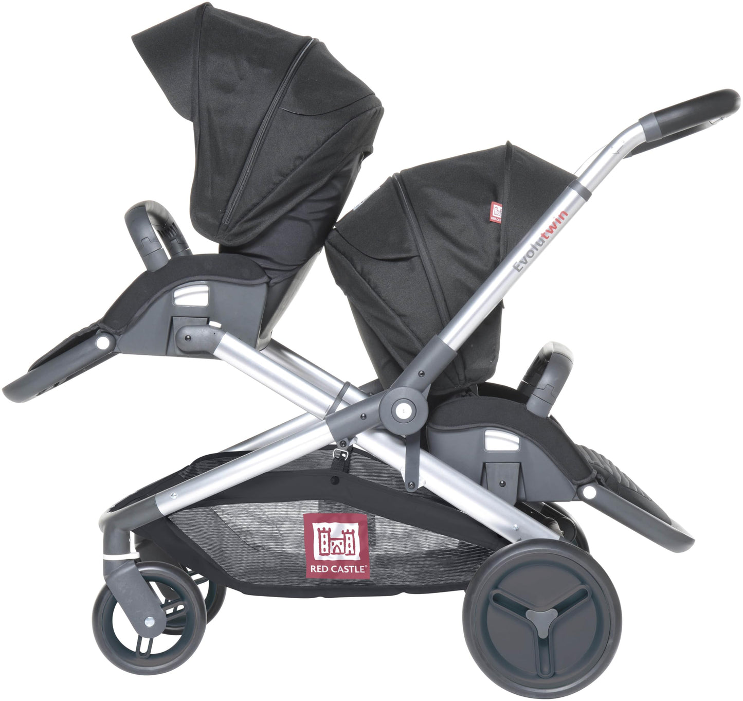 RED CASTLE, Poussette bébé Jumeaux/Tandem/Double, Dès la naissance, Siéges réversibles/dossier 3 positions, Grand panier de rangement, Chassis réglable, Modulable, Evolutwin, Noire