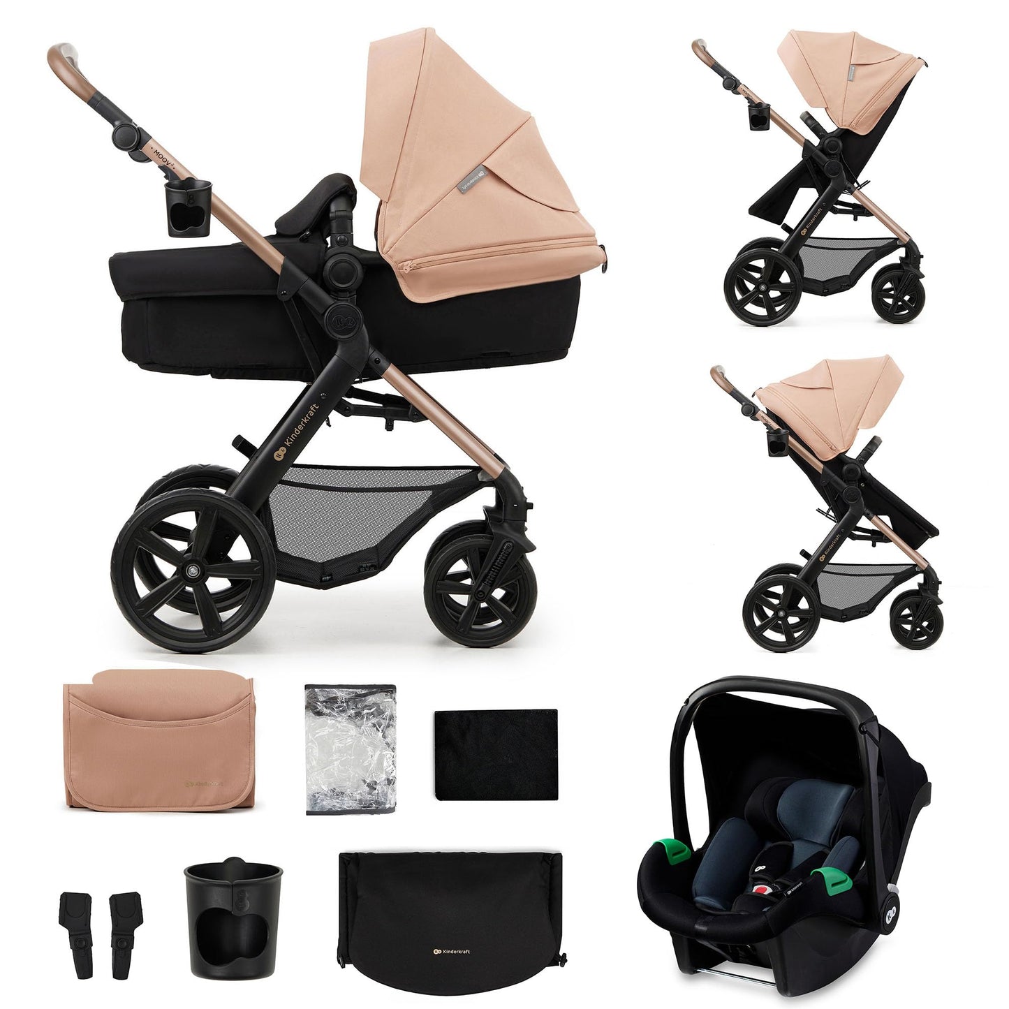 Kinderkraft MOOV2 AIR Poussette 3 en 1, Système de voyage de la naissance à 27 kg, Siège auto Mink PRO I-Size inclus, Capote extensible avec filtre UPF50+, Roues gonflables, Noir
