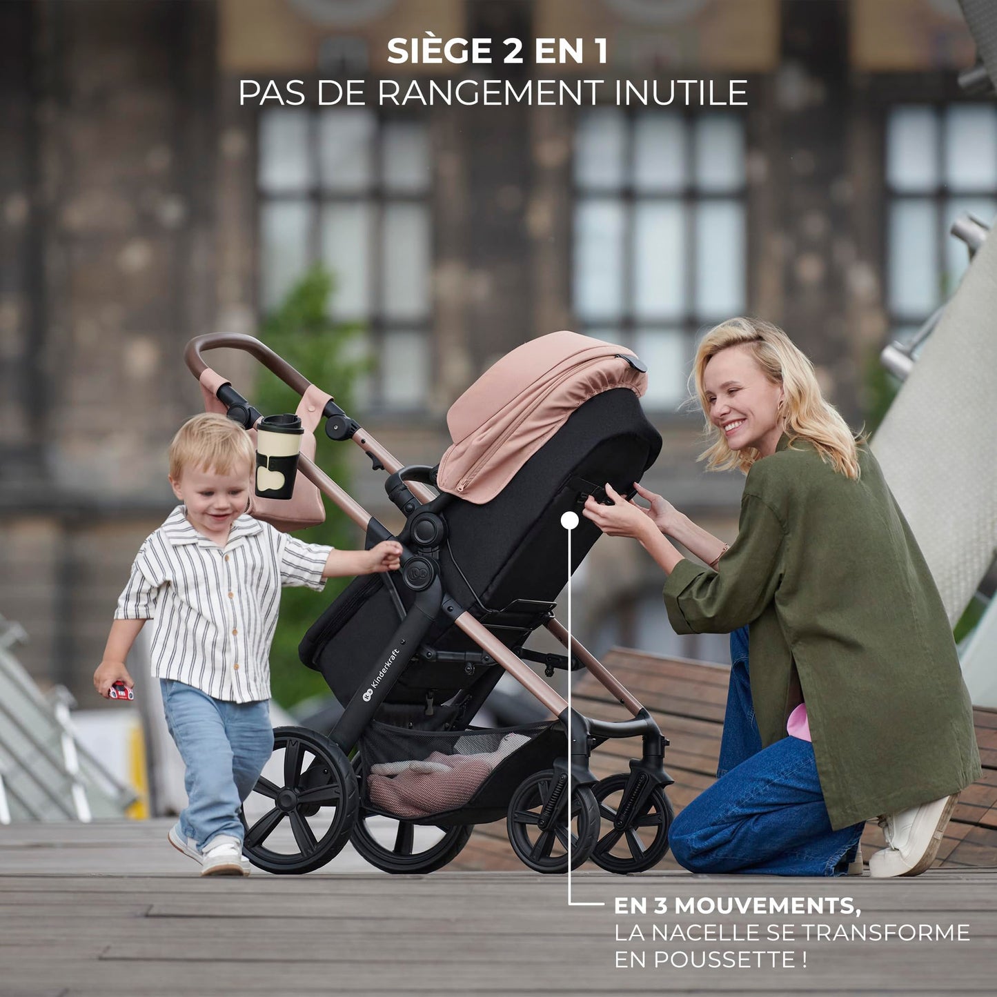 Kinderkraft MOOV2 AIR Poussette 3 en 1, Système de voyage de la naissance à 27 kg, Siège auto Mink PRO I-Size inclus, Capote extensible avec filtre UPF50+, Roues gonflables, Noir