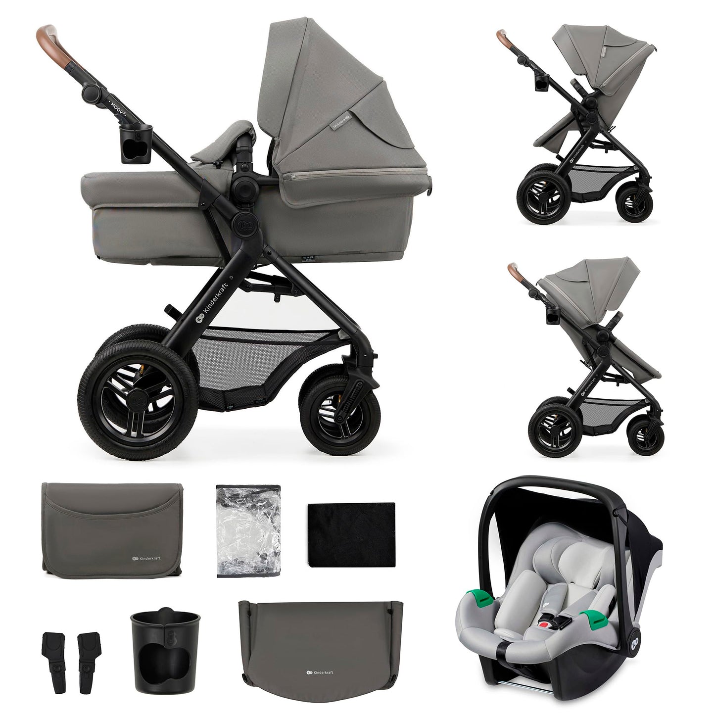 Kinderkraft MOOV2 AIR Poussette 3 en 1, Système de voyage de la naissance à 27 kg, Siège auto Mink PRO I-Size inclus, Capote extensible avec filtre UPF50+, Roues gonflables, Noir
