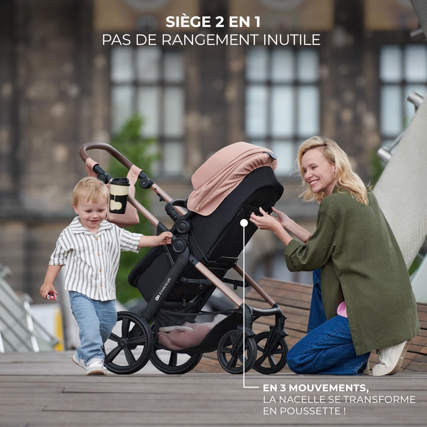 Kinderkraft MOOV2 AIR Poussette 3 en 1, Système de voyage de la naissance à 27 kg, Siège auto Mink PRO I-Size inclus, Capote extensible avec filtre UPF50+, Roues gonflables, Noir