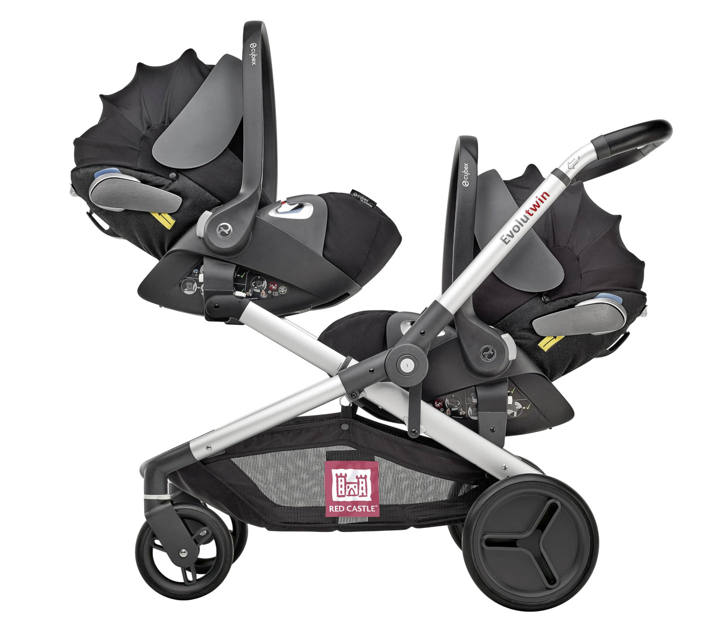 RED CASTLE, Poussette bébé Jumeaux/Tandem/Double, Dès la naissance, Siéges réversibles/dossier 3 positions, Grand panier de rangement, Chassis réglable, Modulable, Evolutwin, Noire