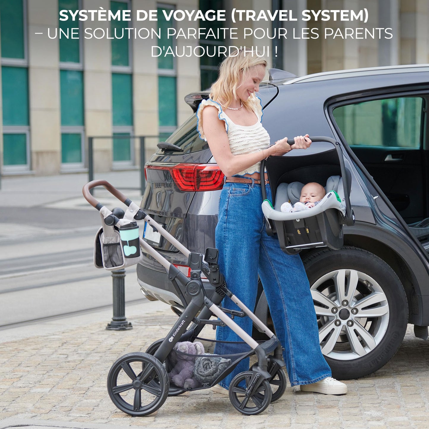 Kinderkraft MOOV2 AIR Poussette 3 en 1, Système de voyage de la naissance à 27 kg, Siège auto Mink PRO I-Size inclus, Capote extensible avec filtre UPF50+, Roues gonflables, Noir