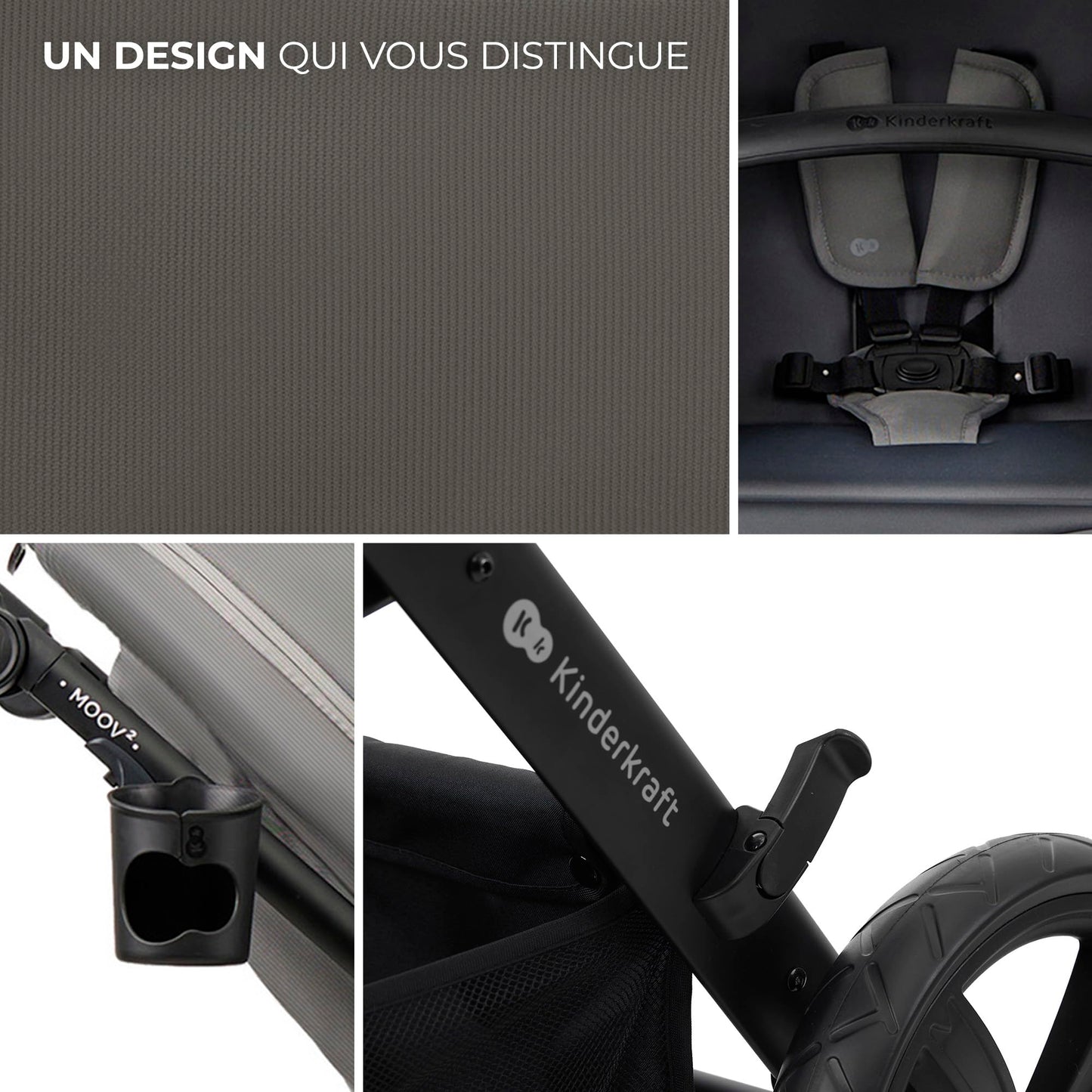 Kinderkraft MOOV2 AIR Poussette 3 en 1, Système de voyage de la naissance à 27 kg, Siège auto Mink PRO I-Size inclus, Capote extensible avec filtre UPF50+, Roues gonflables, Noir