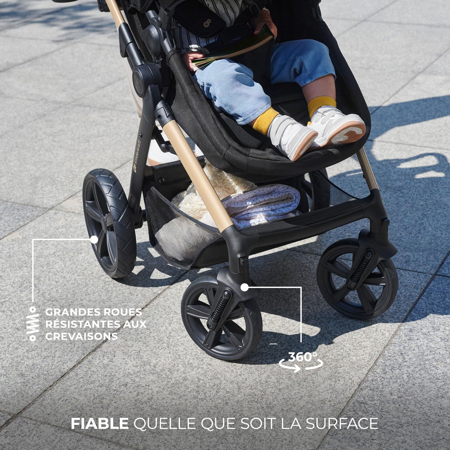 Kinderkraft MOOV2 AIR Poussette 3 en 1, Système de voyage de la naissance à 27 kg, Siège auto Mink PRO I-Size inclus, Capote extensible avec filtre UPF50+, Roues gonflables, Noir