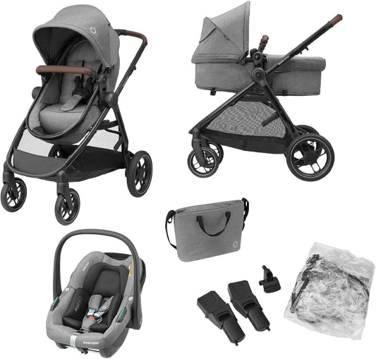 Maxi-Cosi Zelia S Trio Poussette 3 en 1, 0 à 4 Ans, Jusqu'à 22 kg, Poussette Bébé Pliable, Compacte et Inclinable, avec Siège Auto Bébé CabrioFix S i-Size, Accessoires, Sac à Langer, Gris